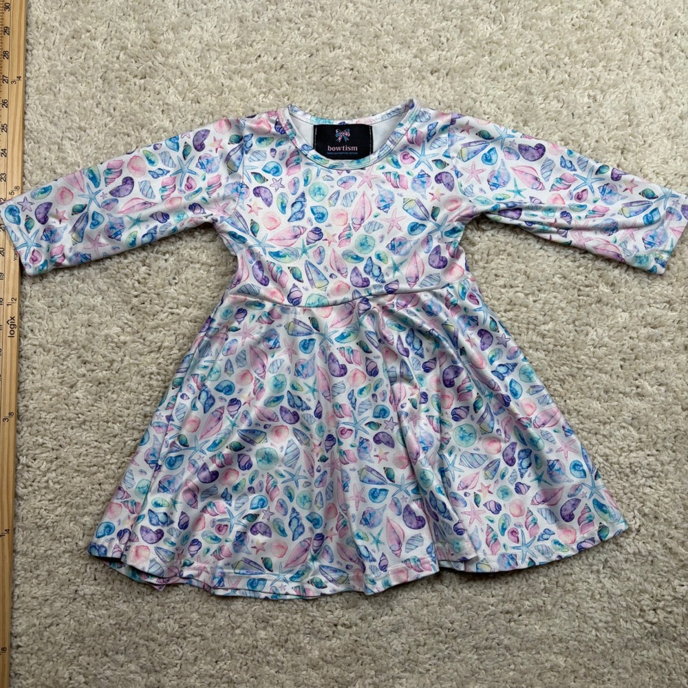 Bowtism Kids Dress Size 2T Seashells Starfish Print Long Sleeve Twirl Dress‎